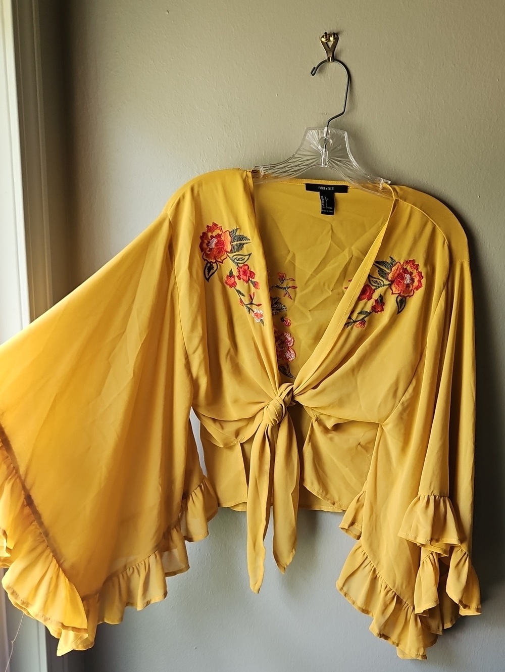 Forever 21 Yellow Floral Embroidered Tie-Front Blouse Large